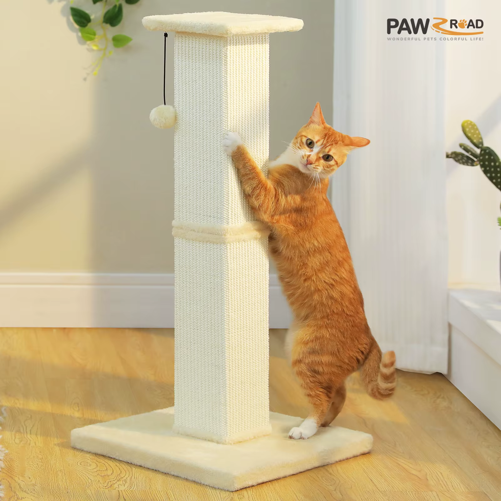 Rascador alto para gatos adultos con sisal y bola colgante - imagen 4
