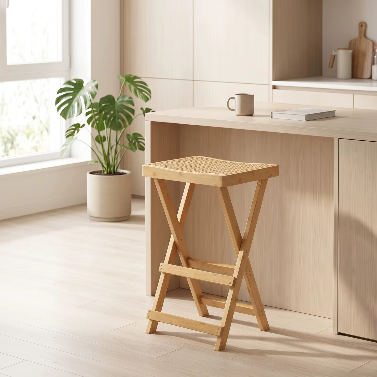 Taburete plegable de bambú con asiento tejido para gatos y perros - imagen 3