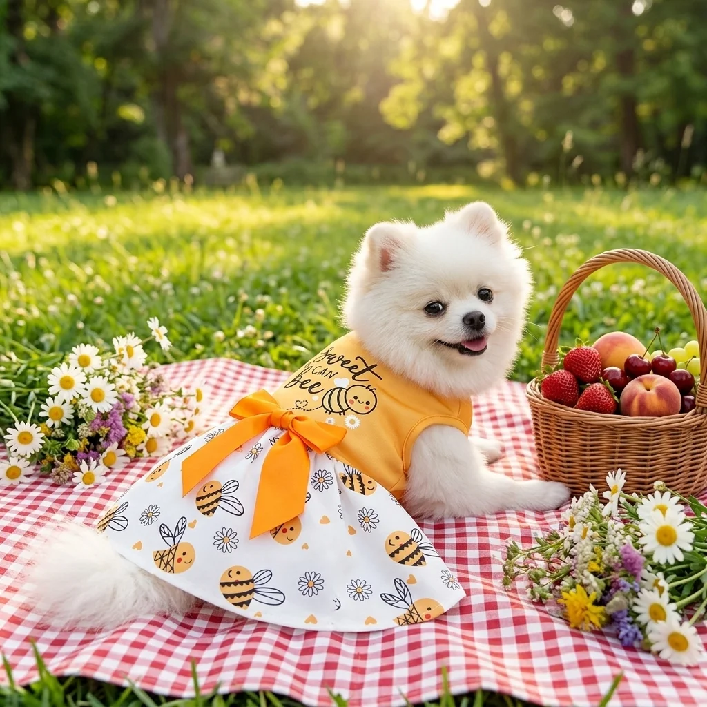 Vista frontal del vestido amarillo con diseño de abeja para mascotas