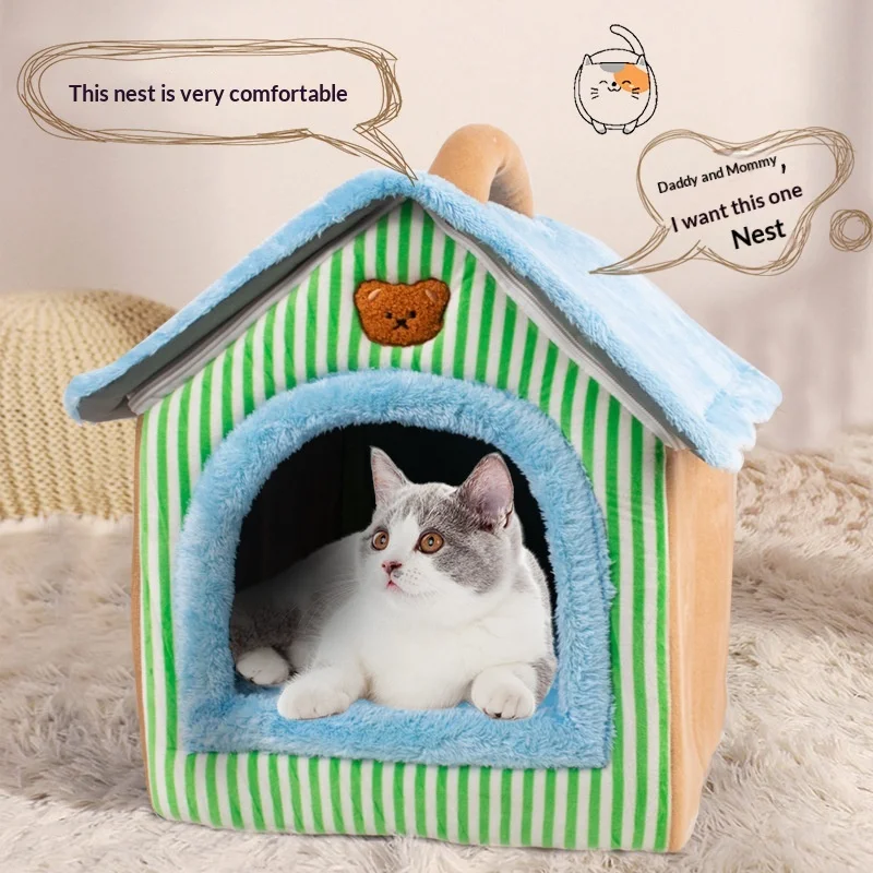 Cama tipo casa para perros y gatos con aspecto acogedor