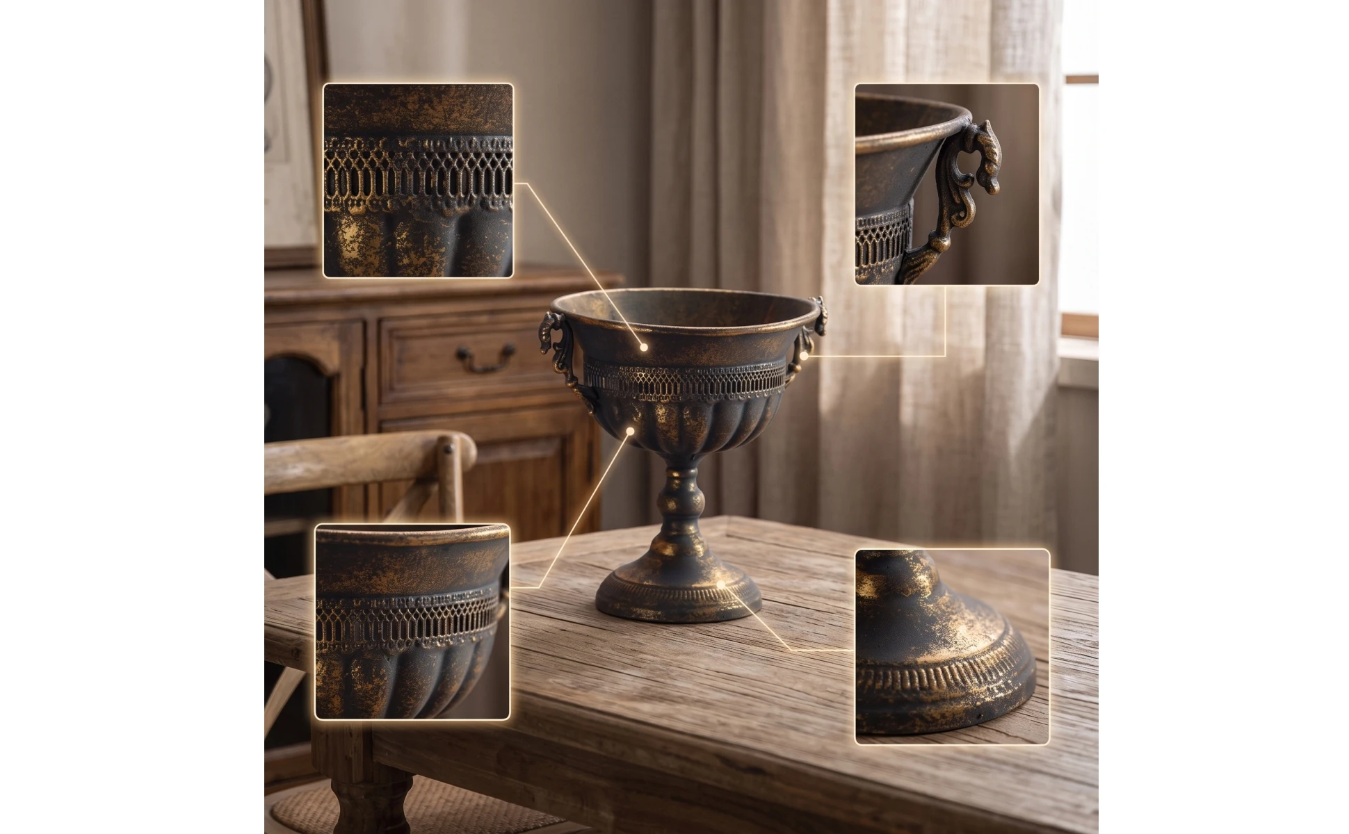 Macetero rústico de pedestal en un entorno de mesa de comedor elegante