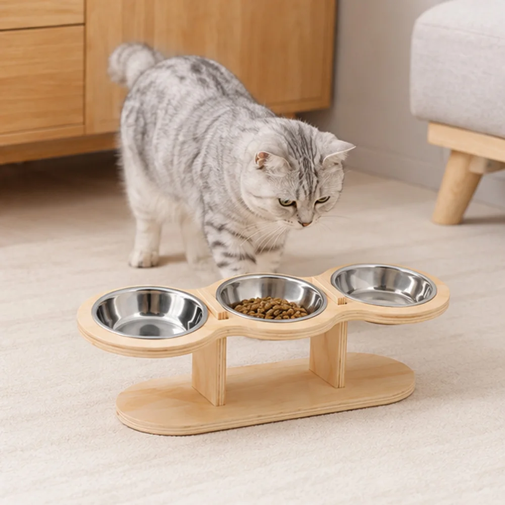 Comedero elevado madera acero 3 tazones para perro y gato