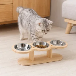 Comedero elevado madera acero 3 tazones para perro y gato