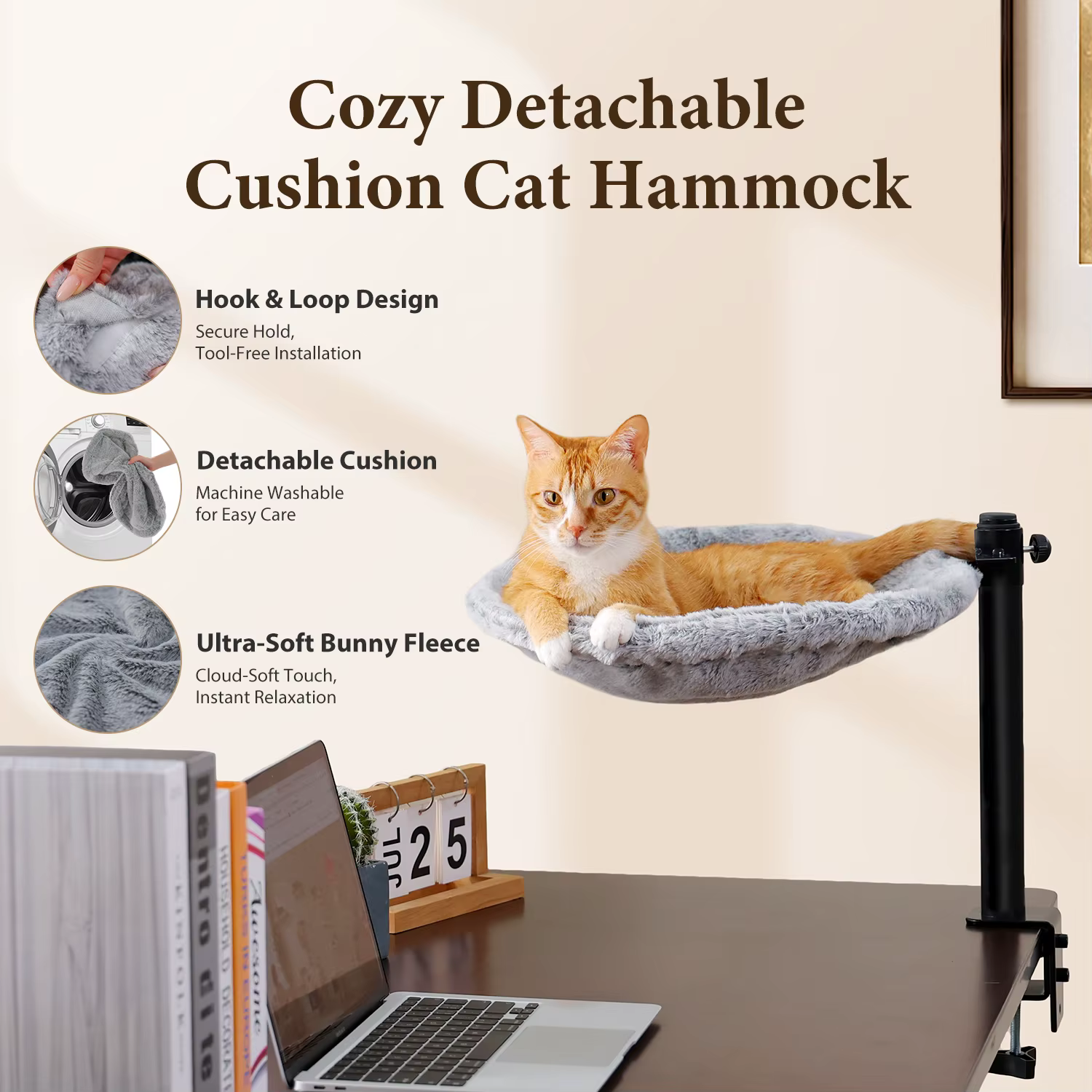 Hamaca escritorio giratoria 360° para gatos – Cama ajustable con funda lavable - imagen 3
