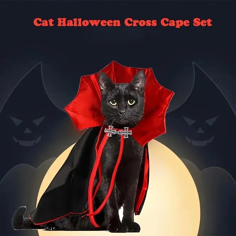 Gato con disfraz de vampiro capa y sombrero
