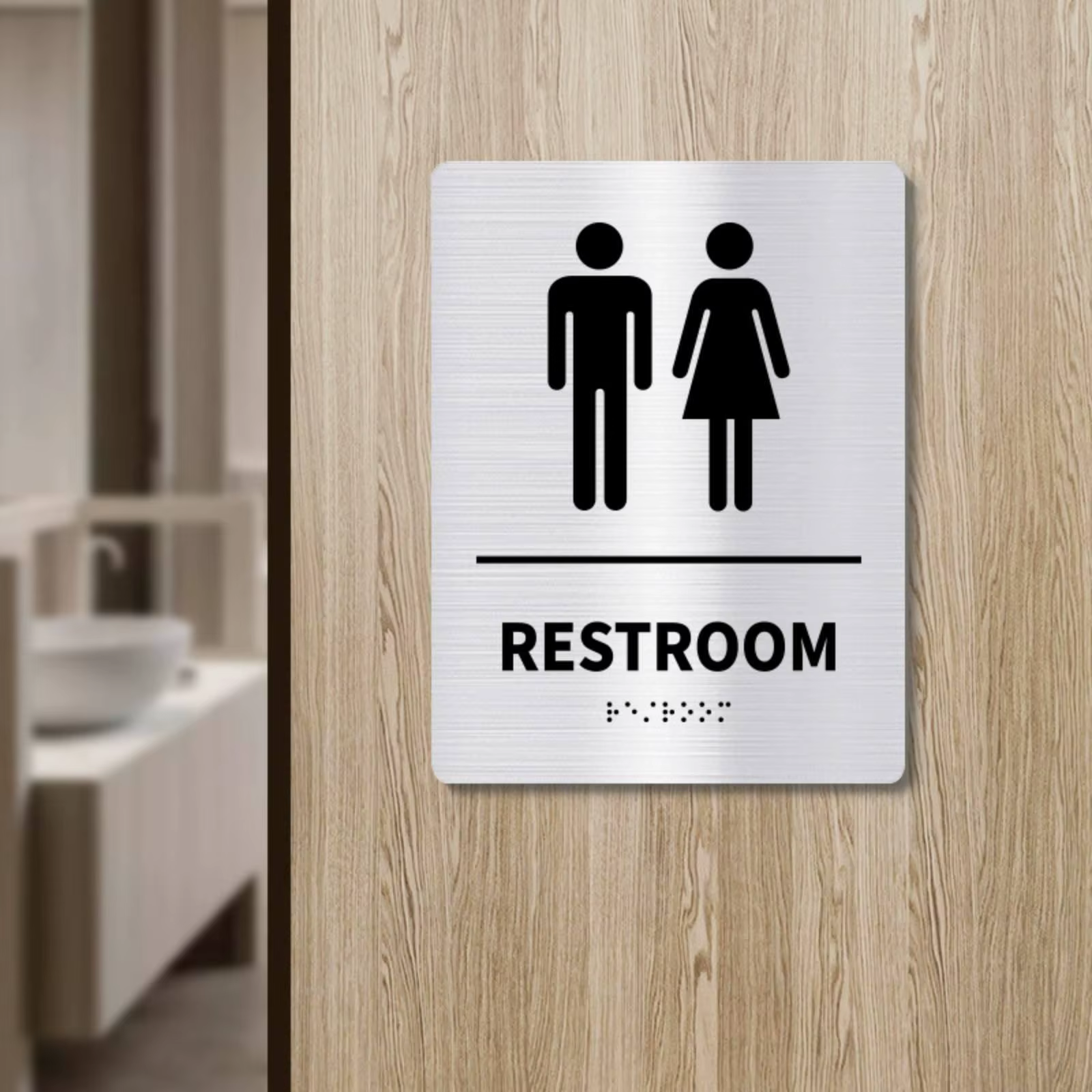 Placa baño unisex metal cepillado con braille hotel - imagen 5