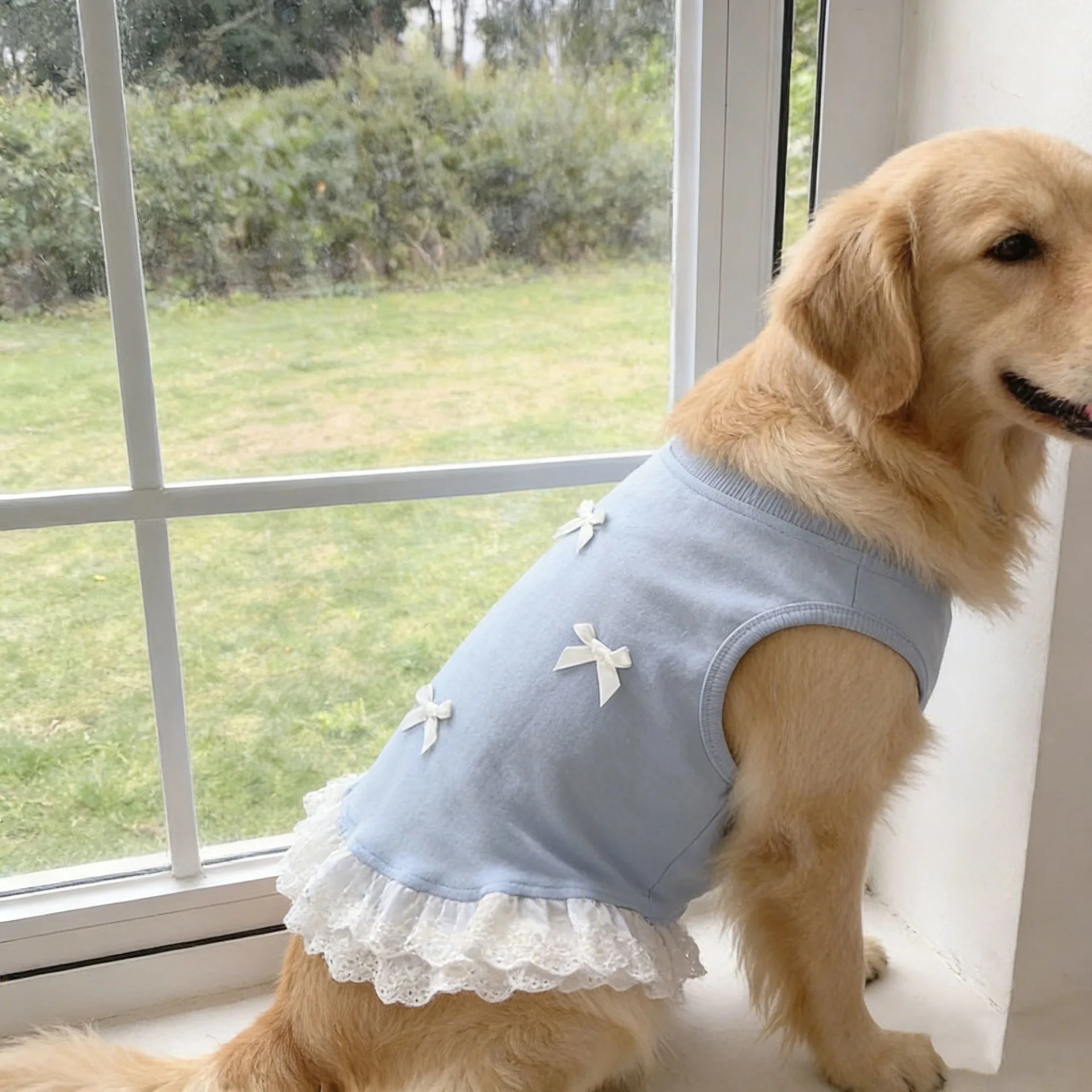 Vestido de verano para perros, fresco y con lazo de encaje azul - imagen 4
