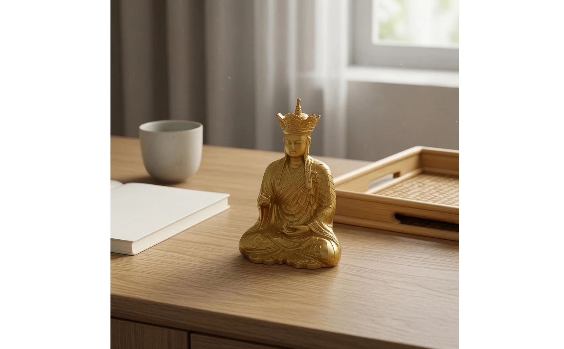 Ksitigarbha Bodhisattva en oro mate sobre superficie de mesa