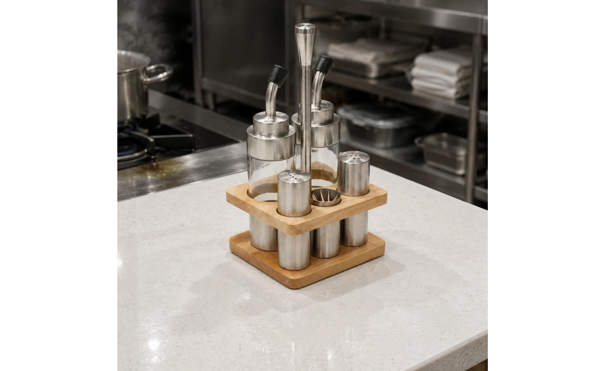 Juego de botellas para condimentos de acero inoxidable en mesa