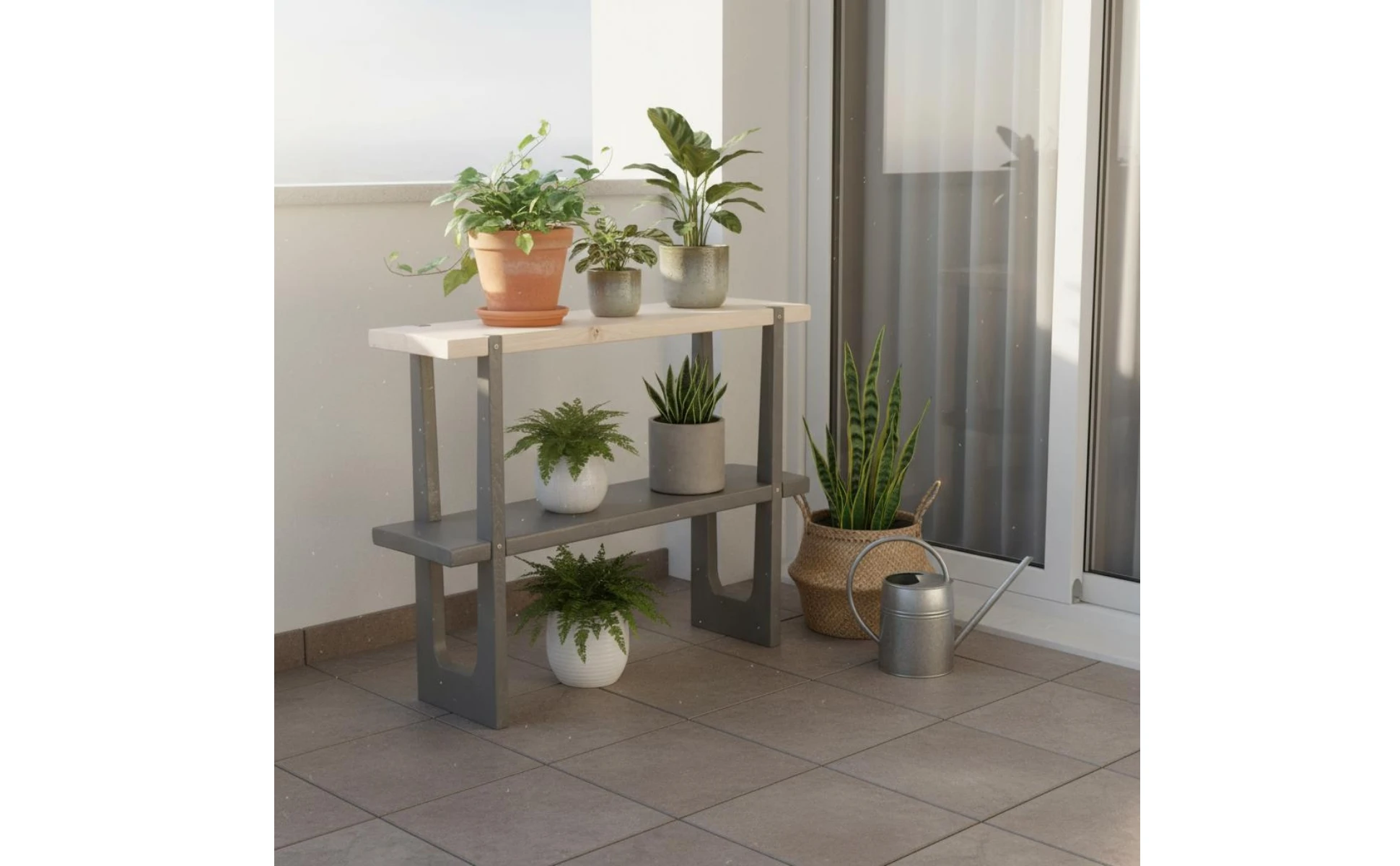 Soporte de dos niveles para plantas, diseño cruzado en madera