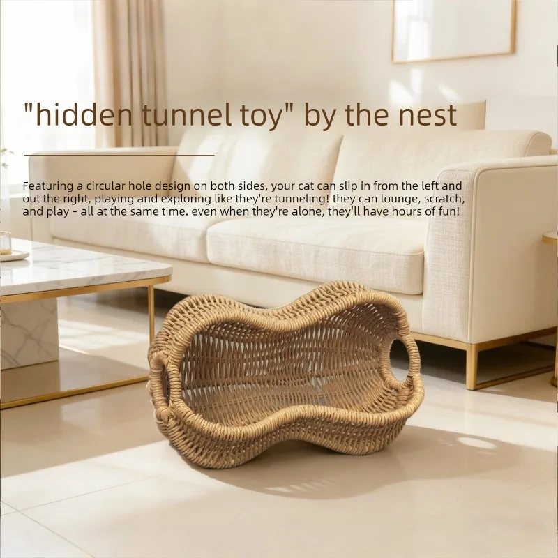 Cama para gato de ratan en forma de cacahuete con cojín lavable - imagen 2