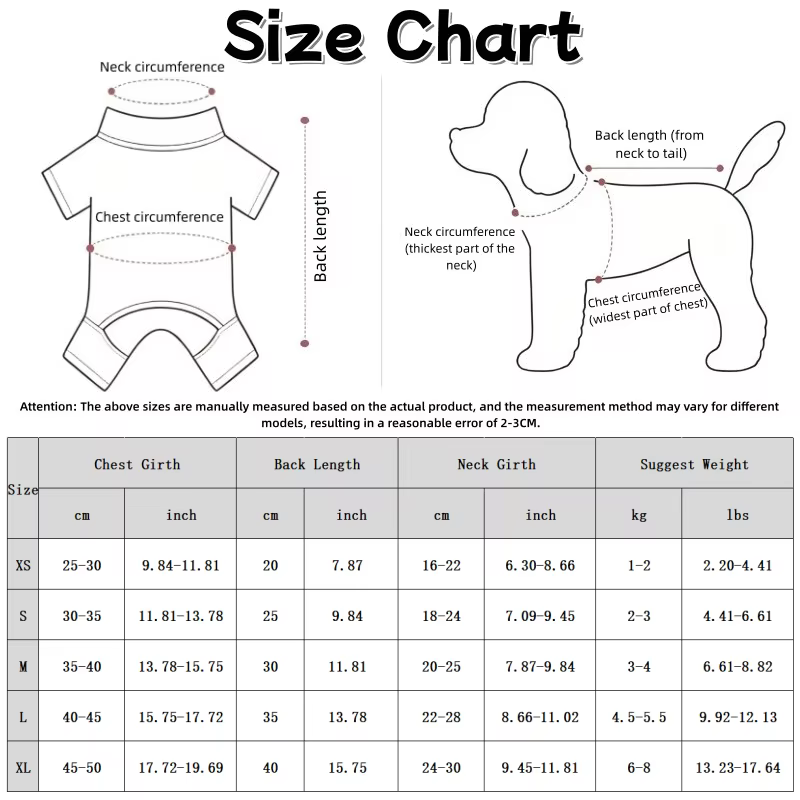 Tabla de tallas del vestido para mascotas
