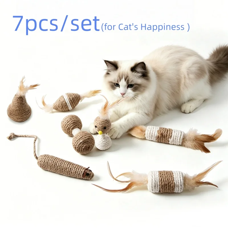 Juego de juguetes interactivos para gatos con pelota de sisal y plumas - imagen 3