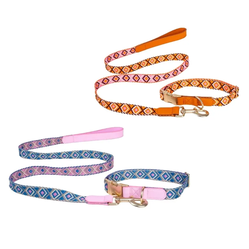 Conjunto collar y correa perro jacquard boho antitirones PU - imagen 3