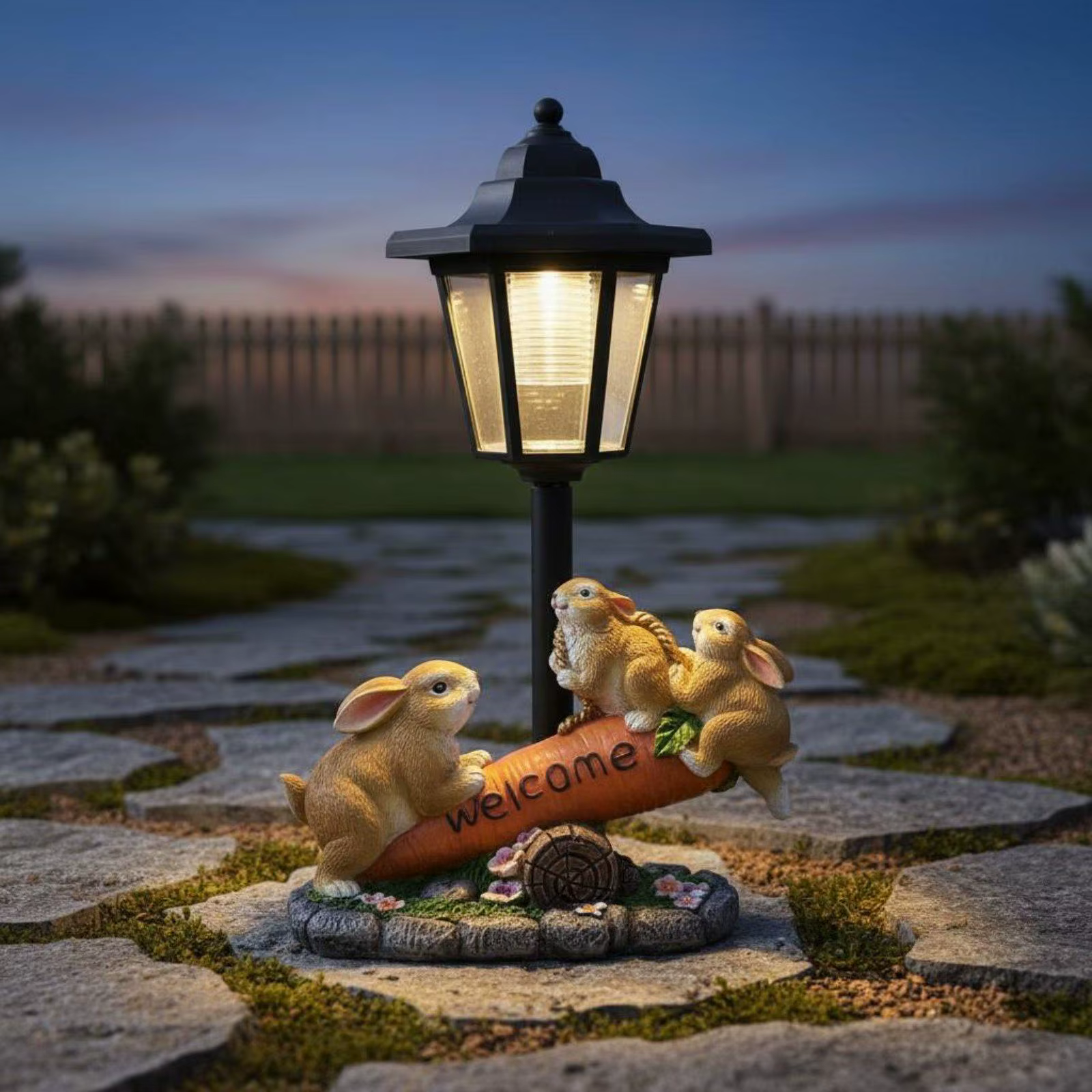 Estatua de conejo solar iluminada en la oscuridad