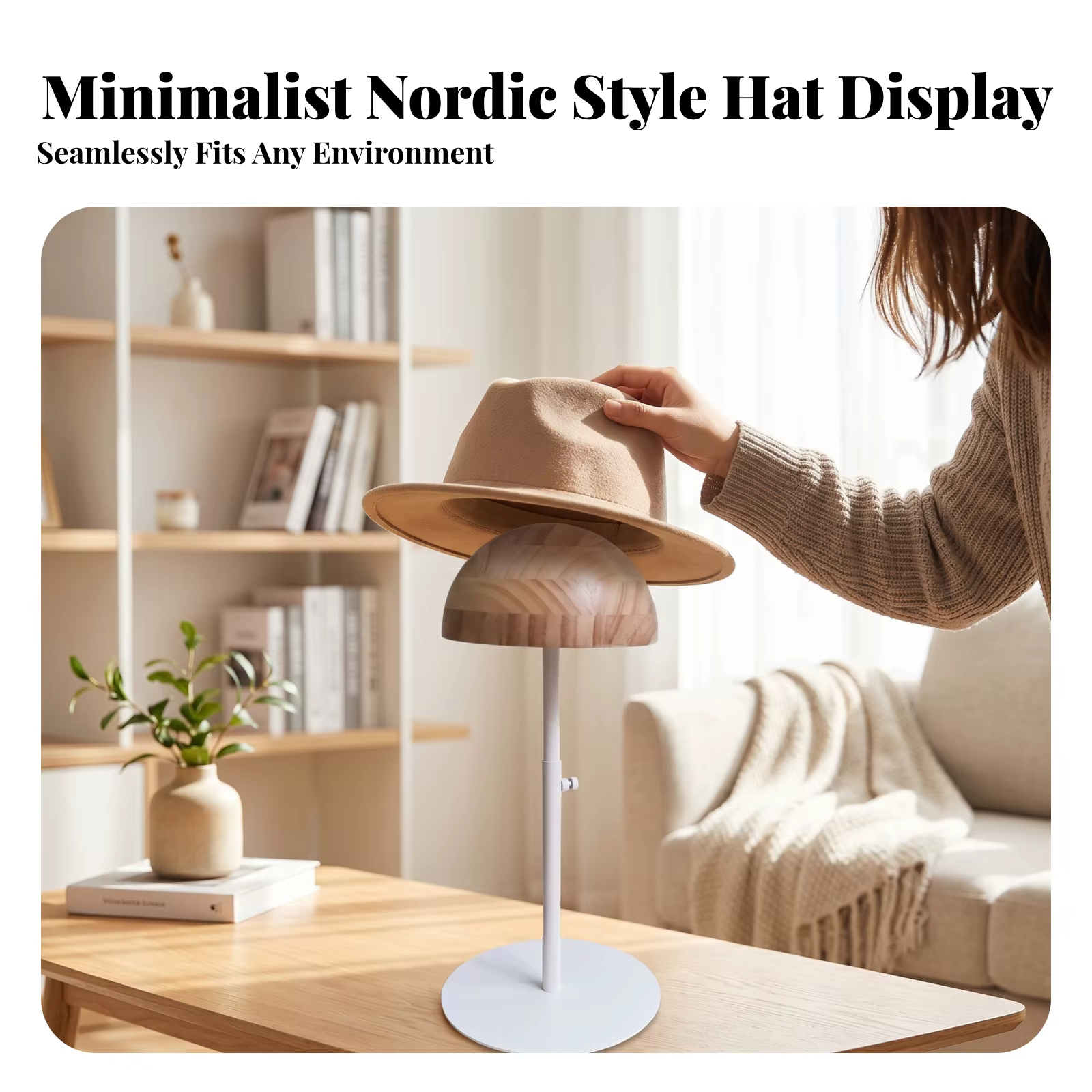 Soporte ajustable para exhibición de sombreros de metal y madera con base - imagen 4