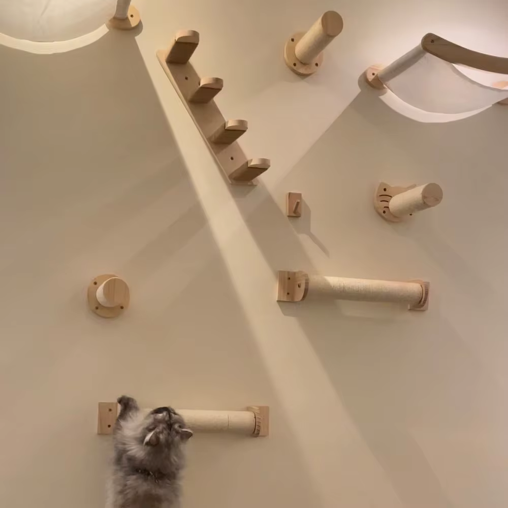 Estantes de pared de madera para felinos con poste rascador y mirador