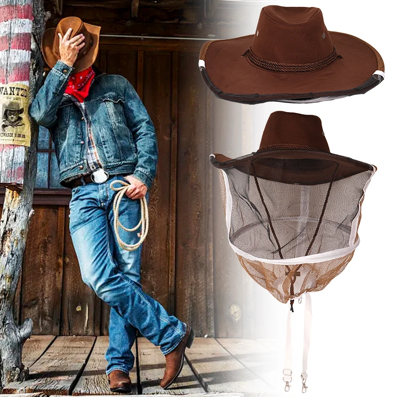 Sombrero vaquero con red anti-insectos vista frontal