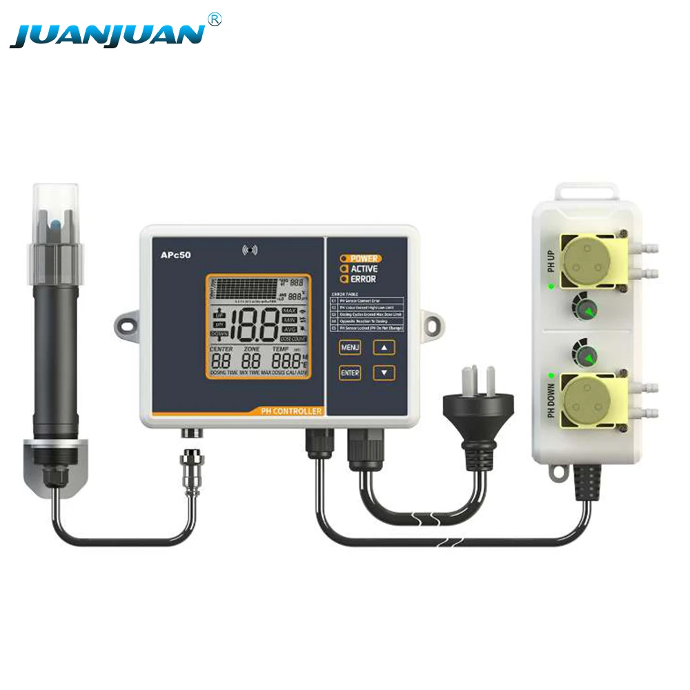 Pantalla LCD con valores de pH y opciones de configuración