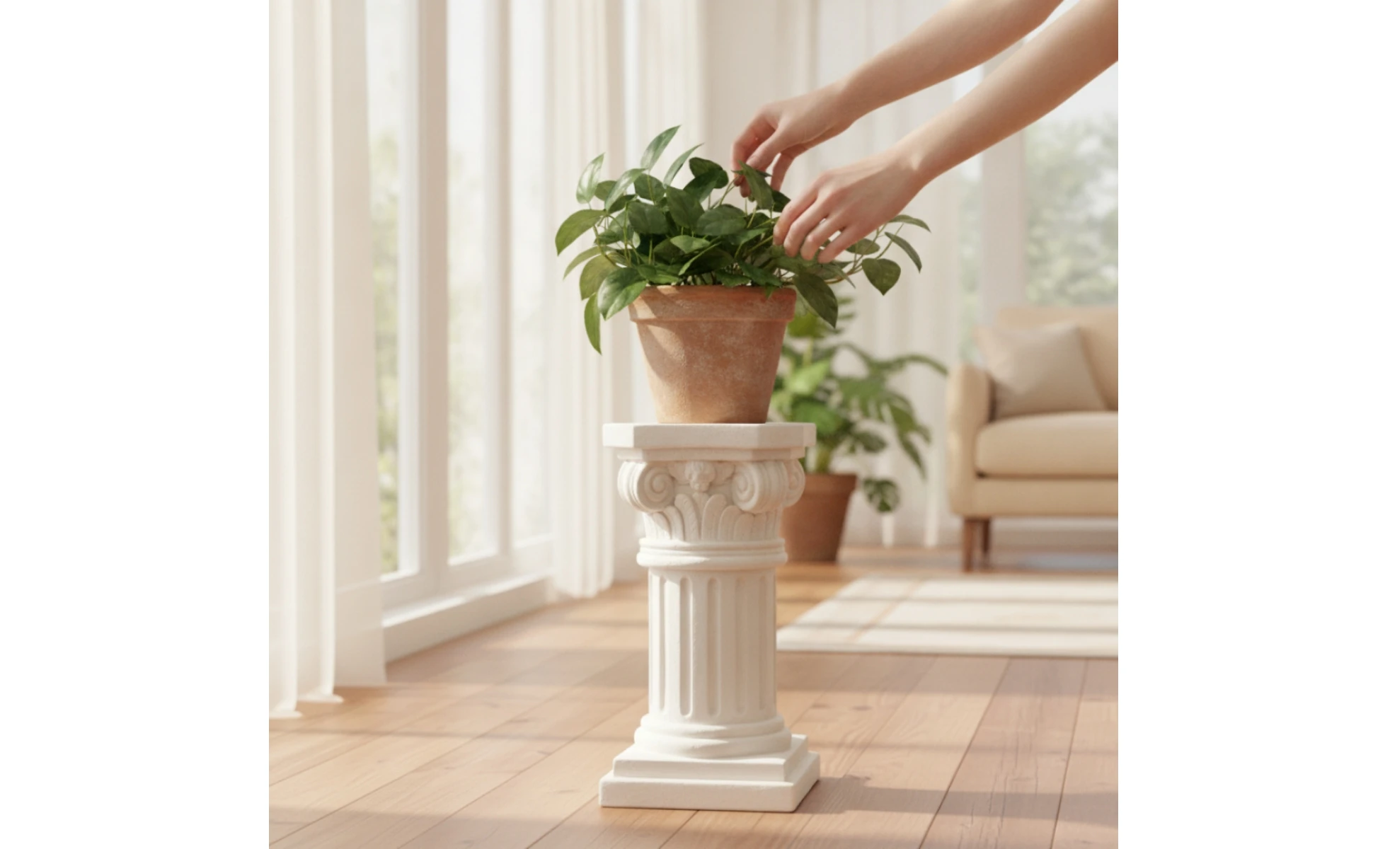 Pedestal romano con maceta y planta