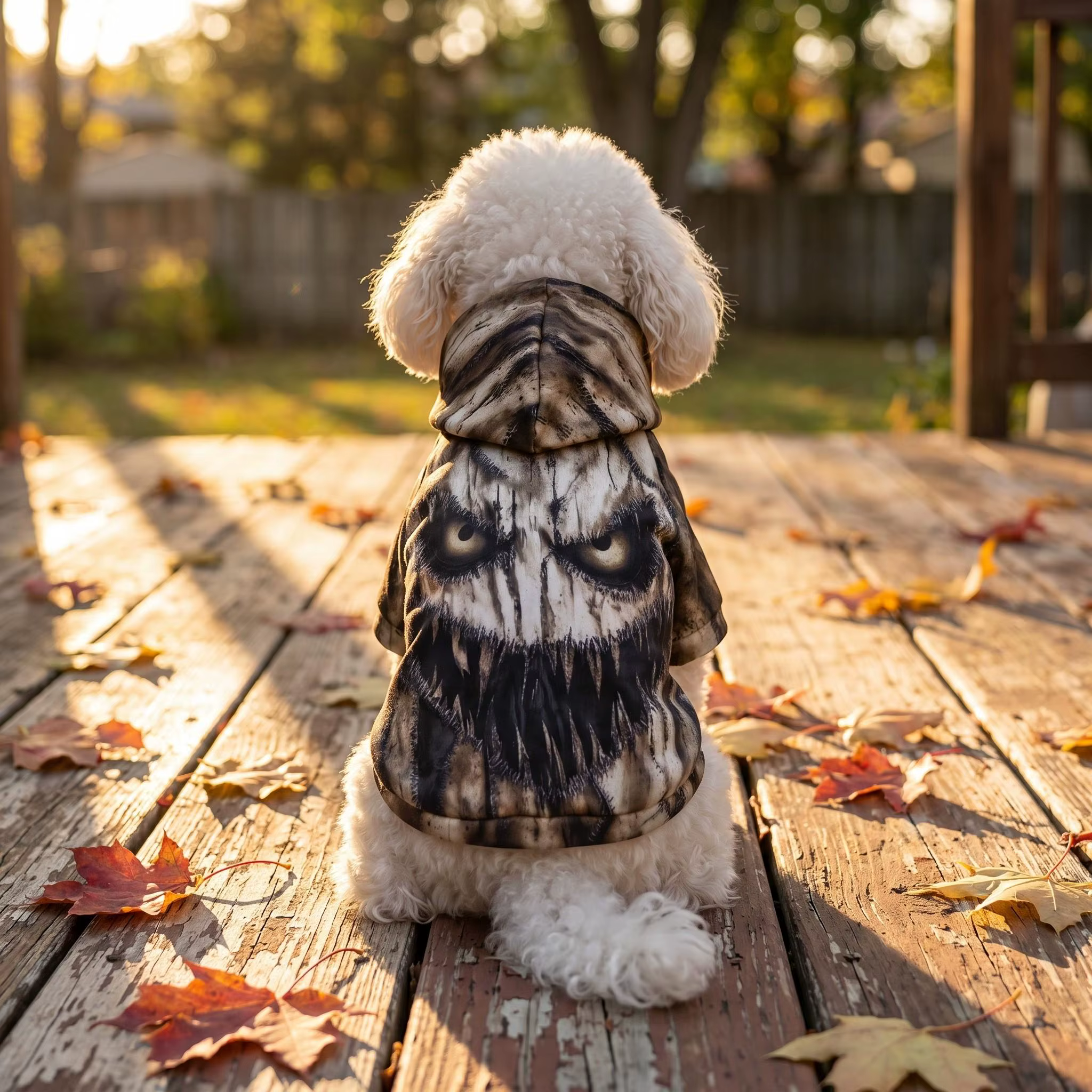 Perro pequeño con sudadera de monstruo de Halloween