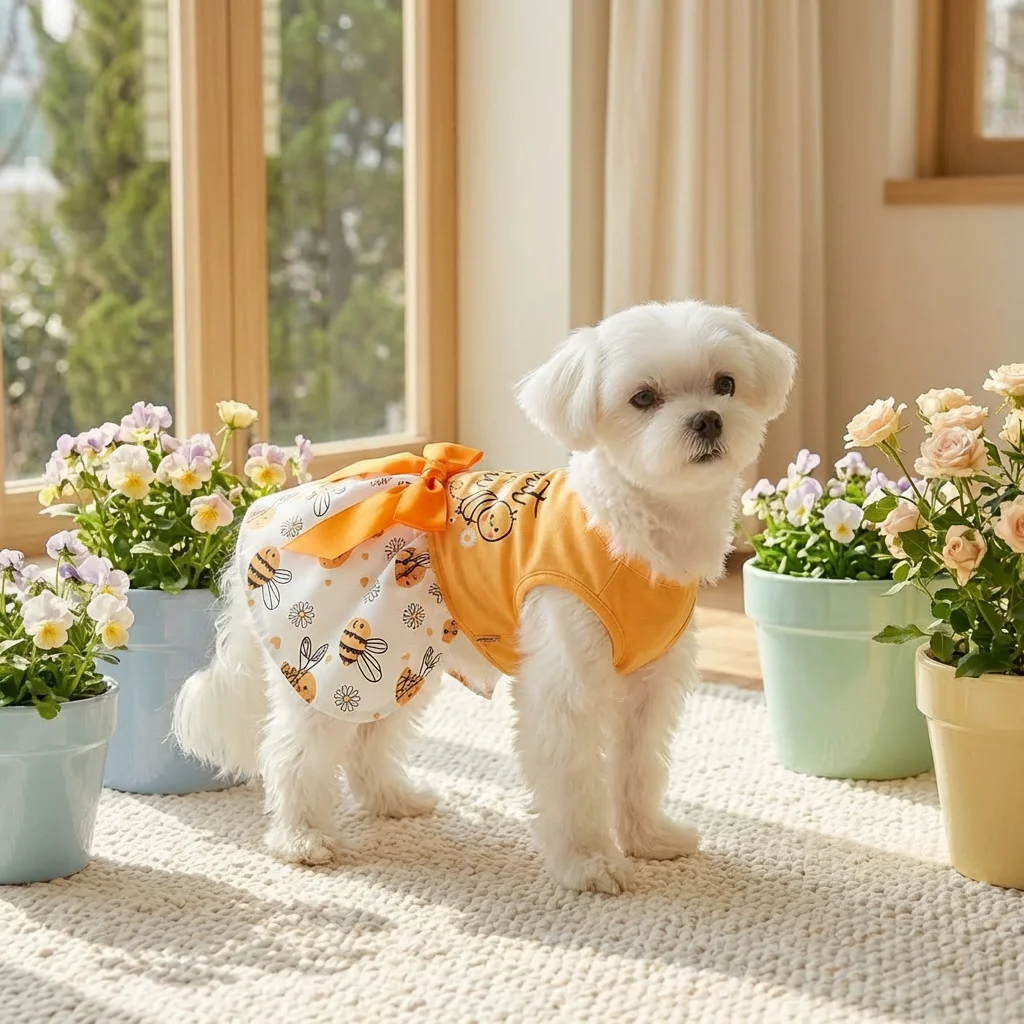 Vestido Sweet As Can Bee puesto en perro pequeño mostrando el ajuste