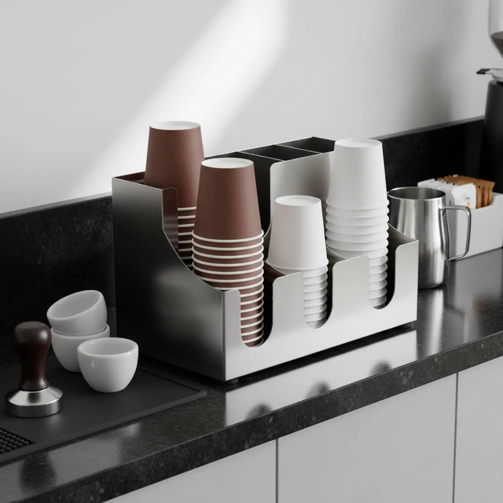 Dispensador Vasos Acero Inoxidable con Compartimentos – Organizador Barra para Café - imagen 4