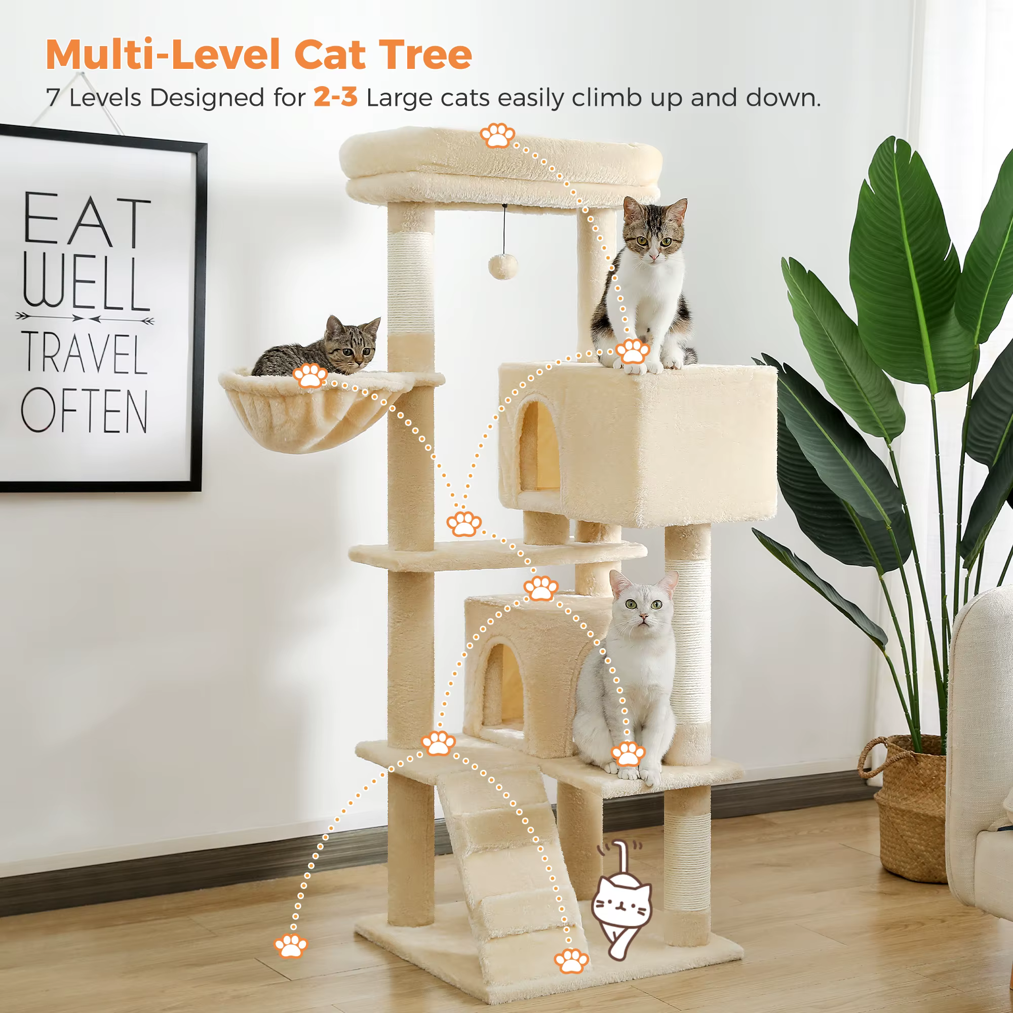 Árbol rascador multinivel para gatos con postes de sisal y hamaca - imagen 2