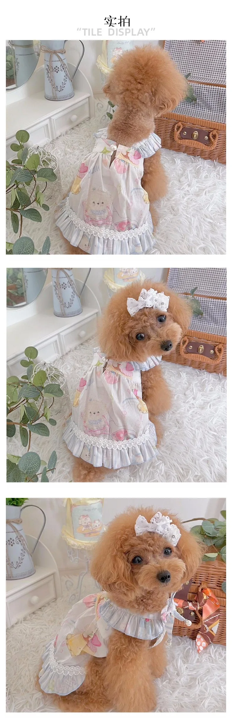 Detalle del encaje y volantes del vestido para perros pequeños