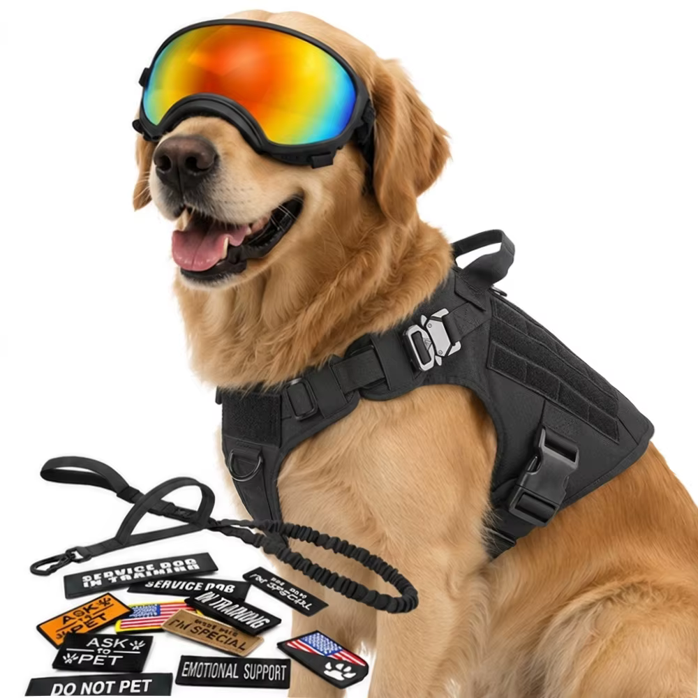 Arnés táctico para perro con gafas protectoras y correa elástica
