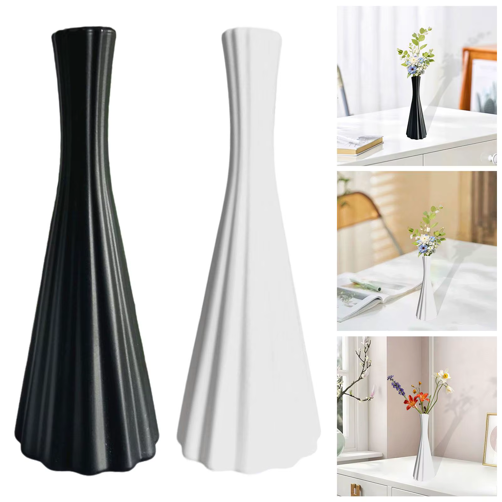 Jarrón de mesa contemporáneo negro mate con textura sobre mesa de centro
