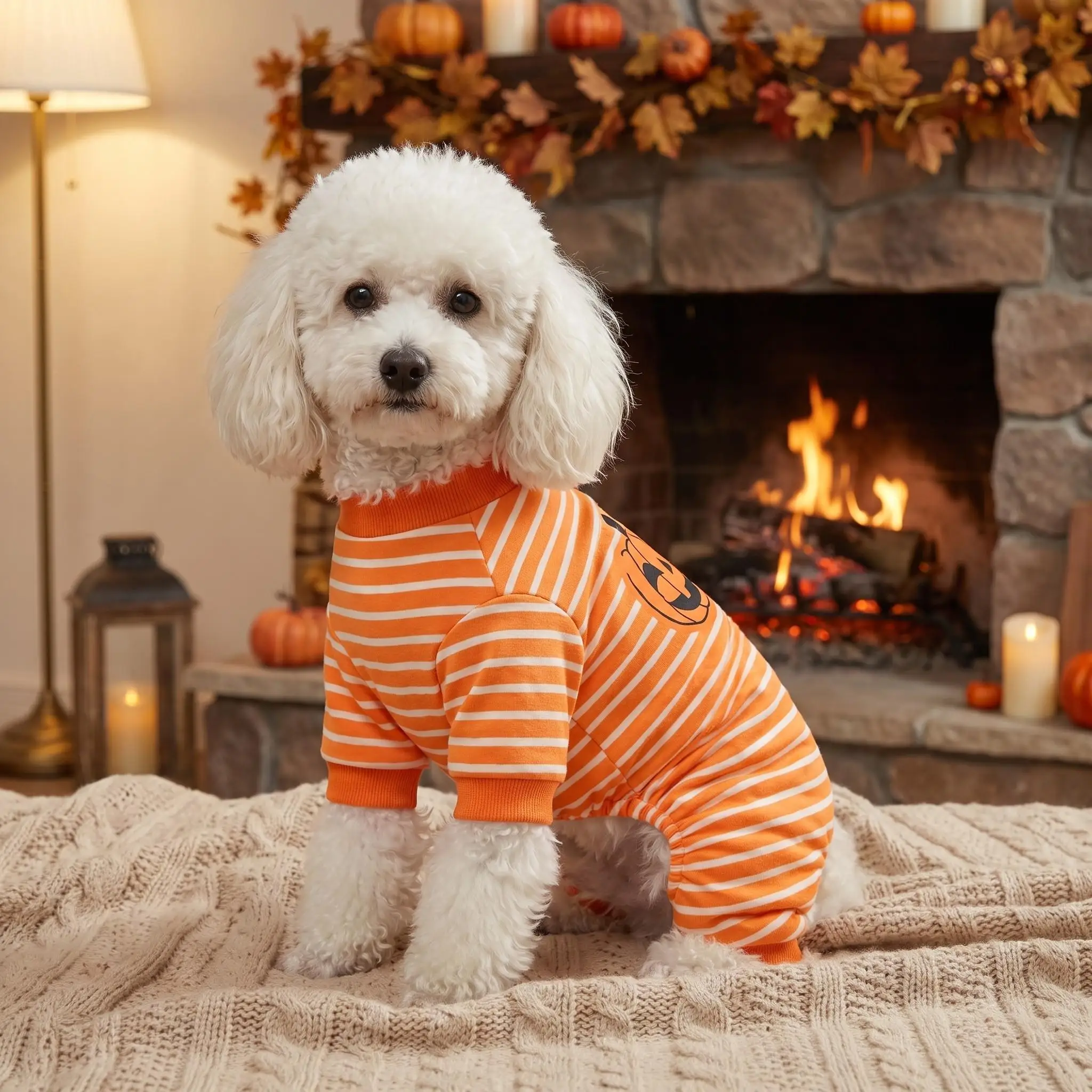 Perro pequeño modelo Yorkshire con el disfraz puesto