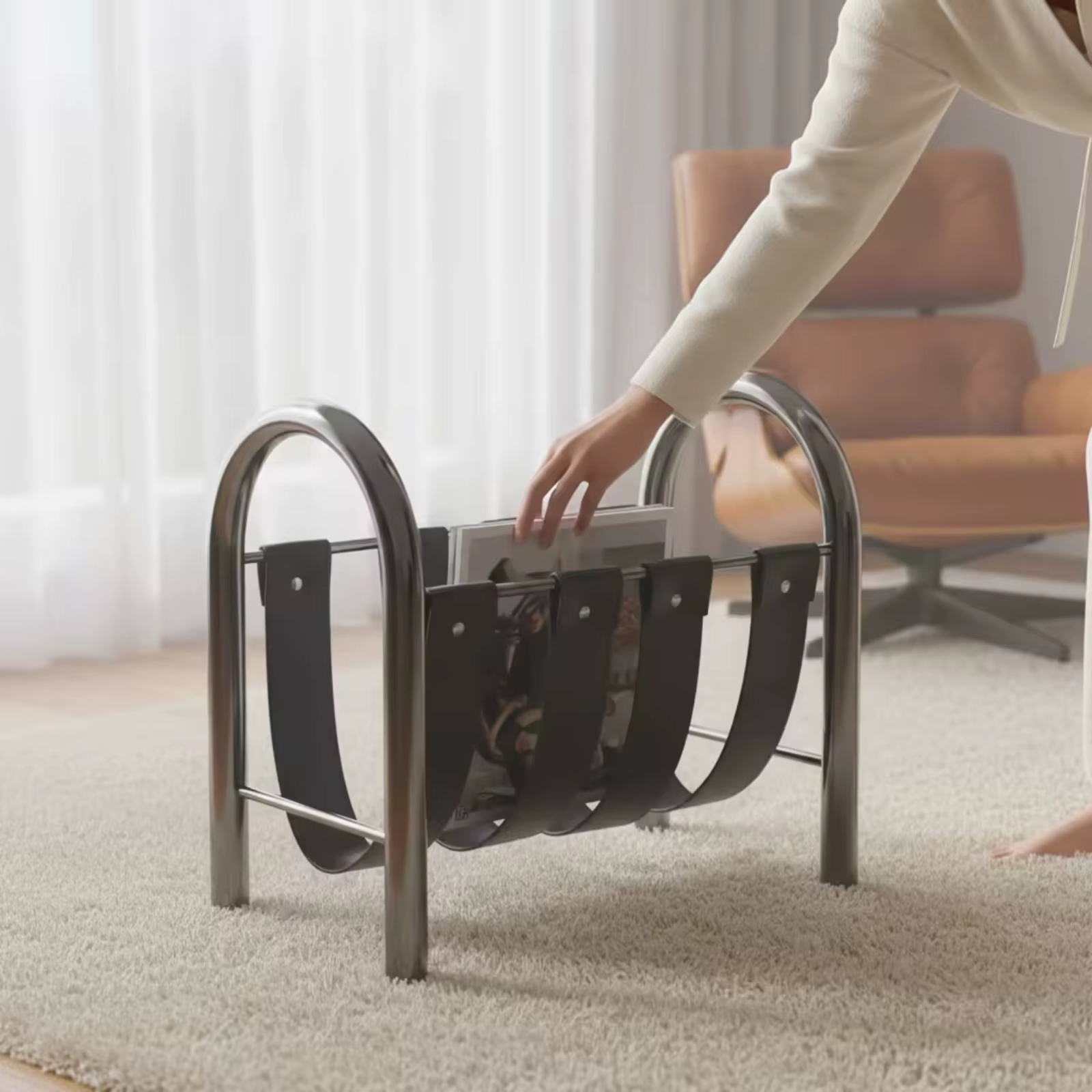 Soporte para libros con correas de cuero para mesa, organizador