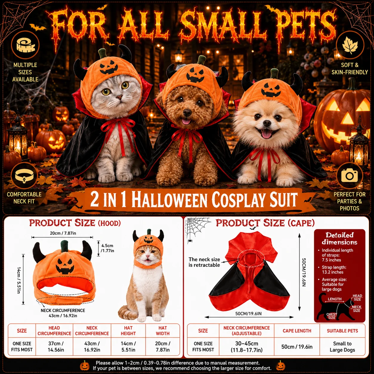 Disfraz vampiro Halloween para gatos y perros – Capa y sombrero calabaza - imagen 5