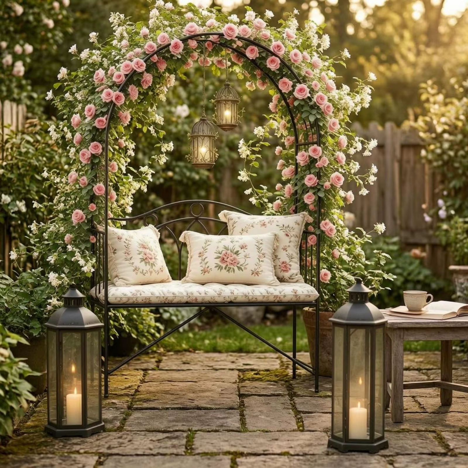 Banco de jardín para mascotas Trellis de hierro, respaldo curvo - imagen 3