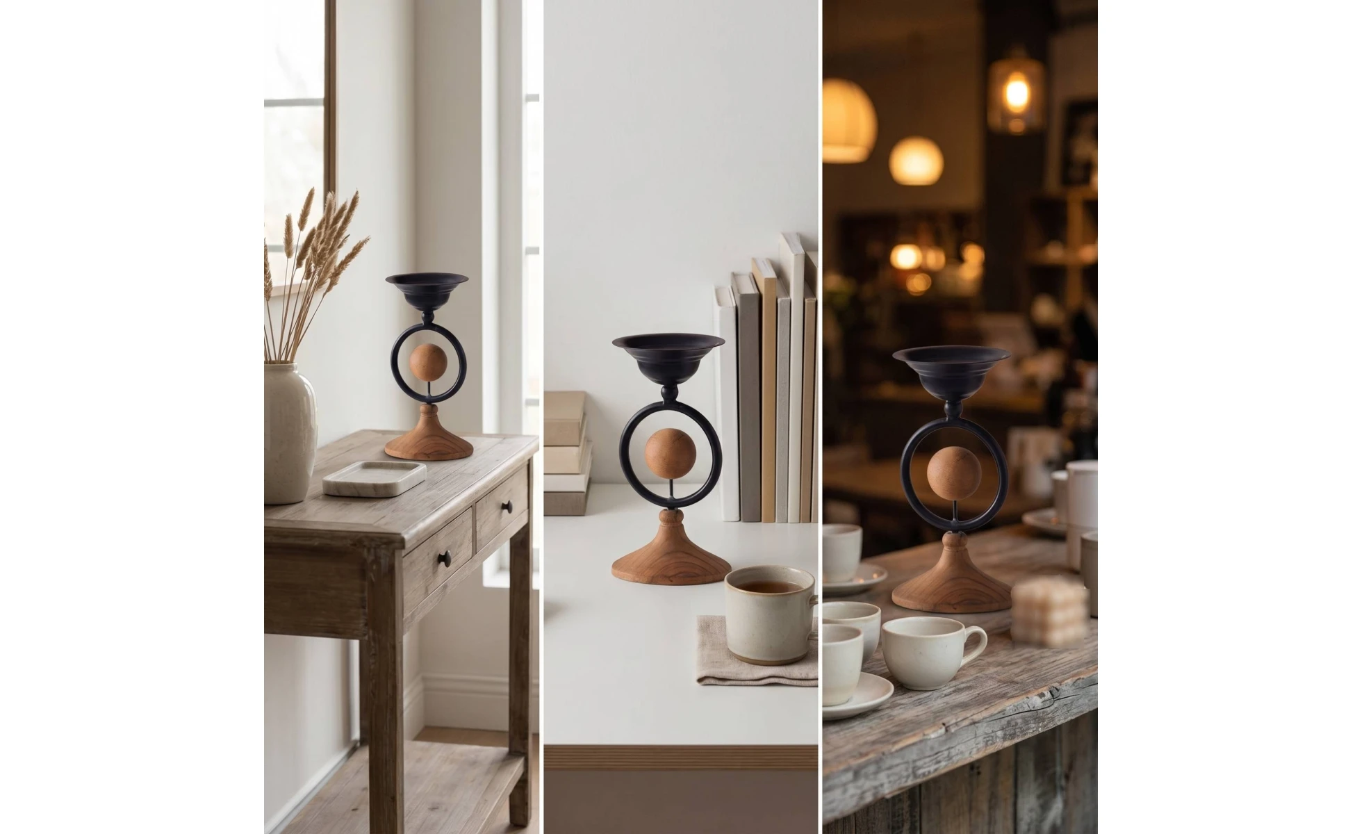 Candelabro con base de madera y detalles circulares
