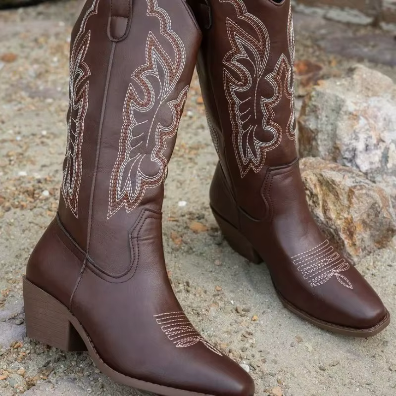 Botas vaqueras altas de mujer hasta la rodilla, tacón ancho y punta fina - imagen 3