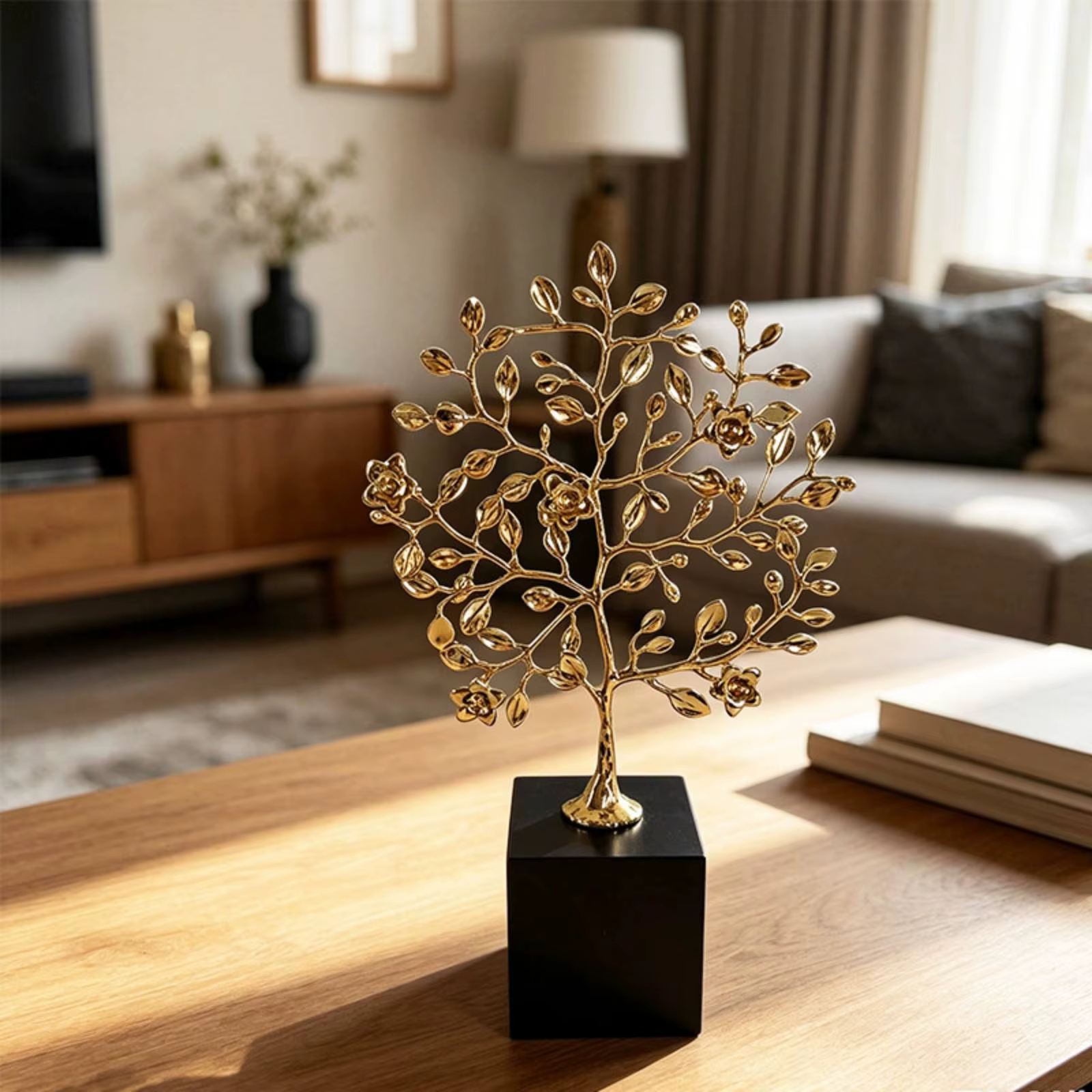 Escultura de árbol metálico con pedestal – Adorno decorativo moderno para hogar