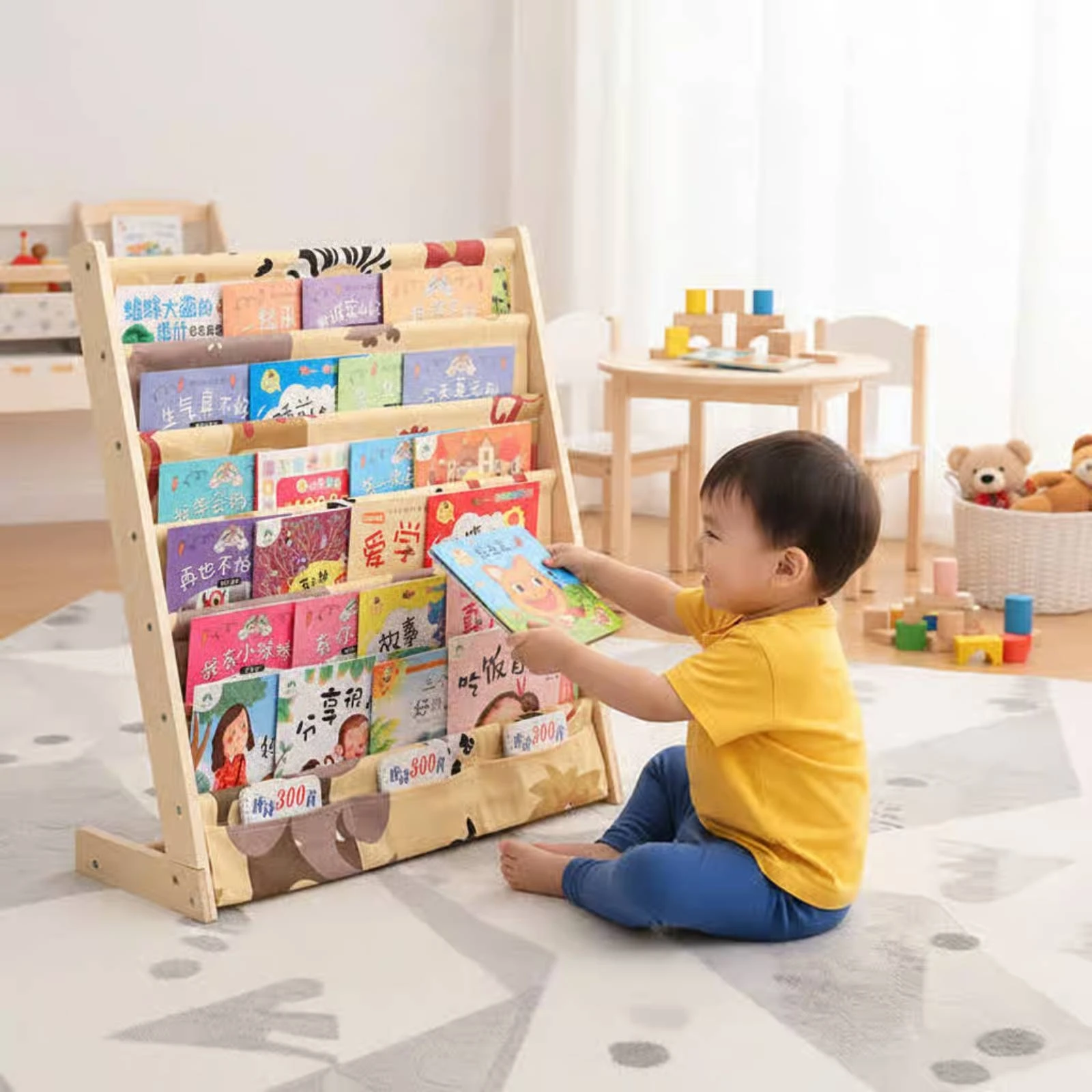 Estantería infantil de madera maciza para libros, fácil acceso