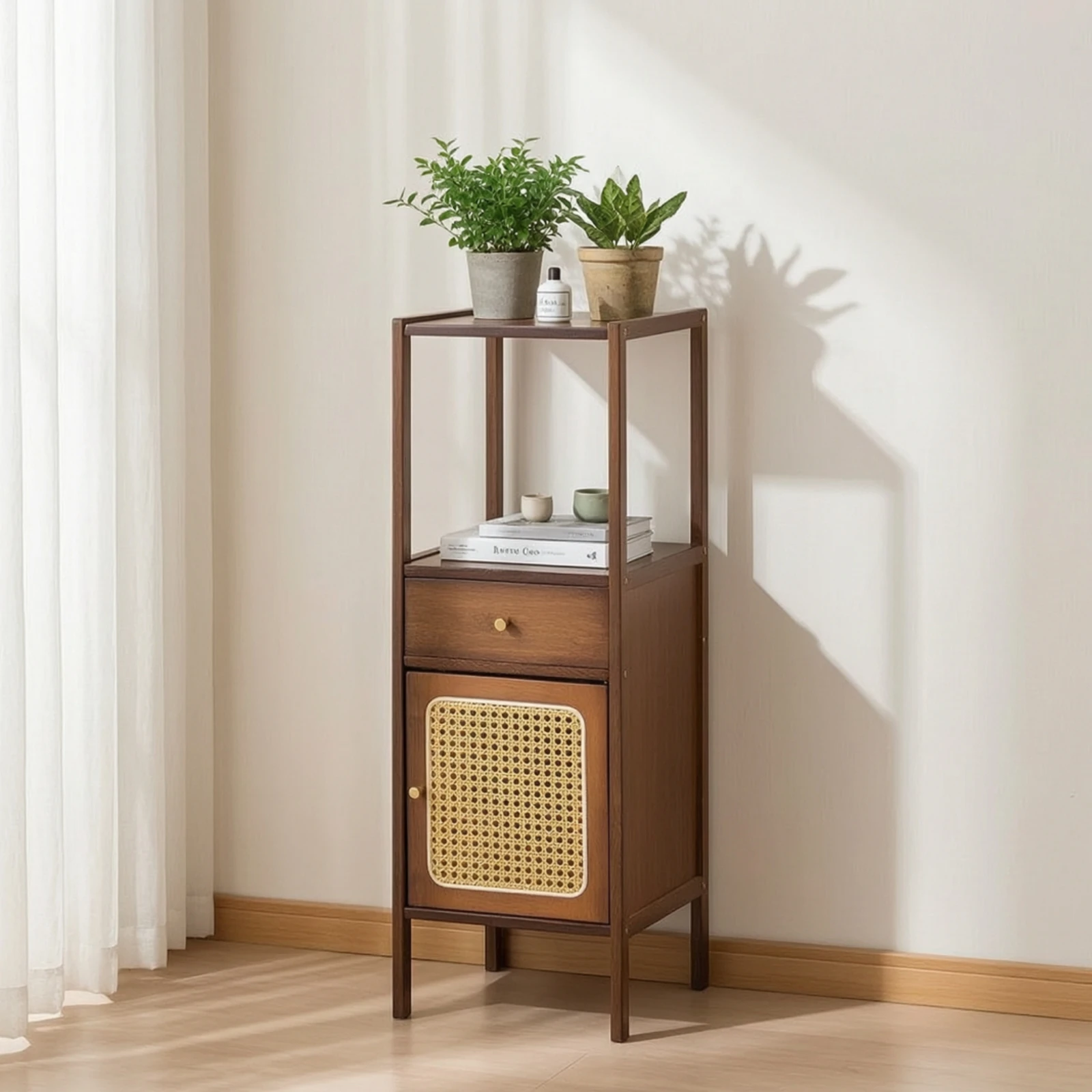 Soporte plantas con cajón y estante – Mueble delgado para salón - imagen 3