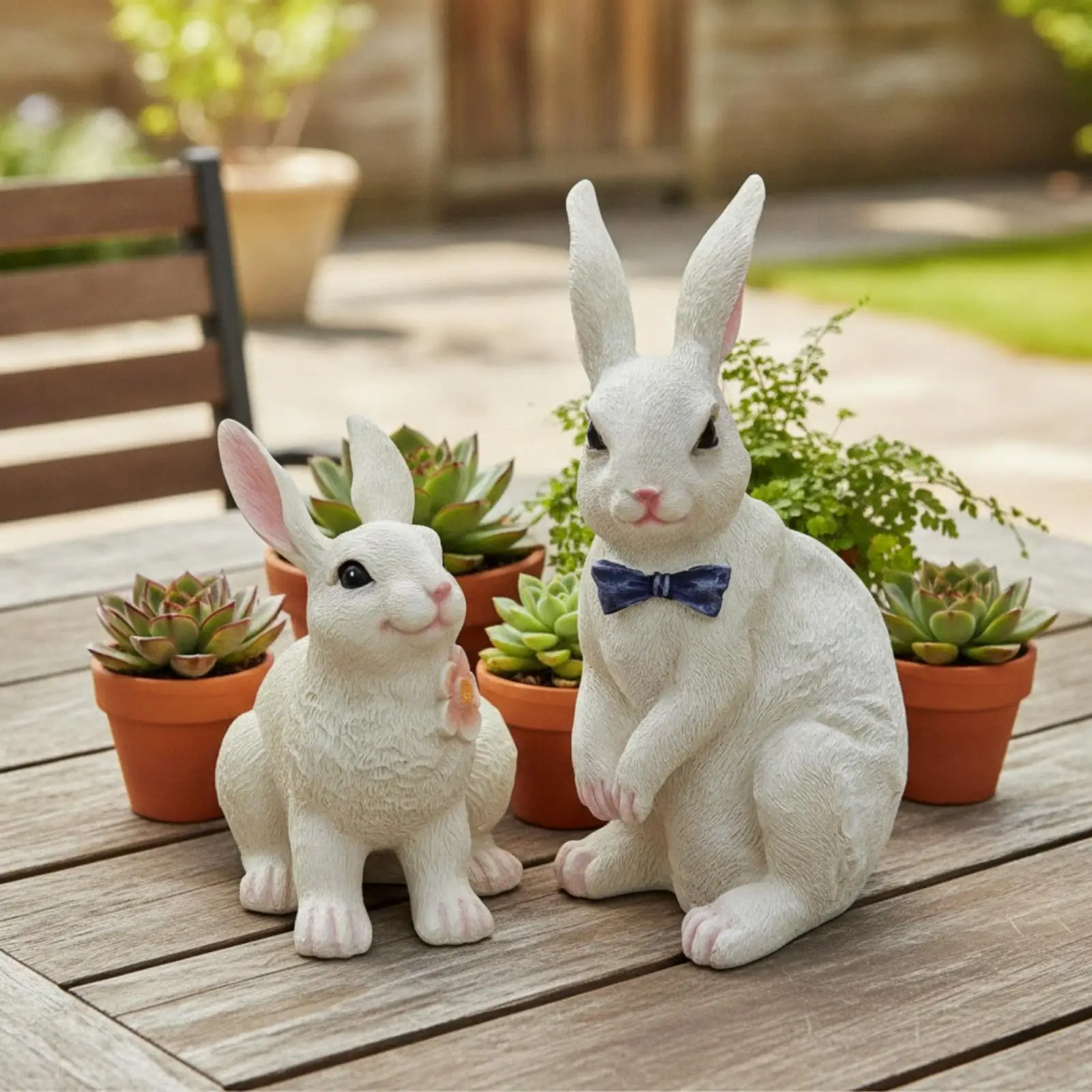 Decoración jardín estatua conejo lazo azul rosa para gatos perros - imagen 4