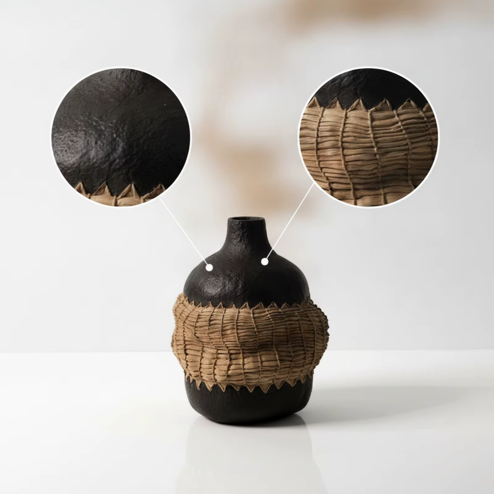 Jarrón decorativo vintage de resina con banda tejida – Centro de mesa