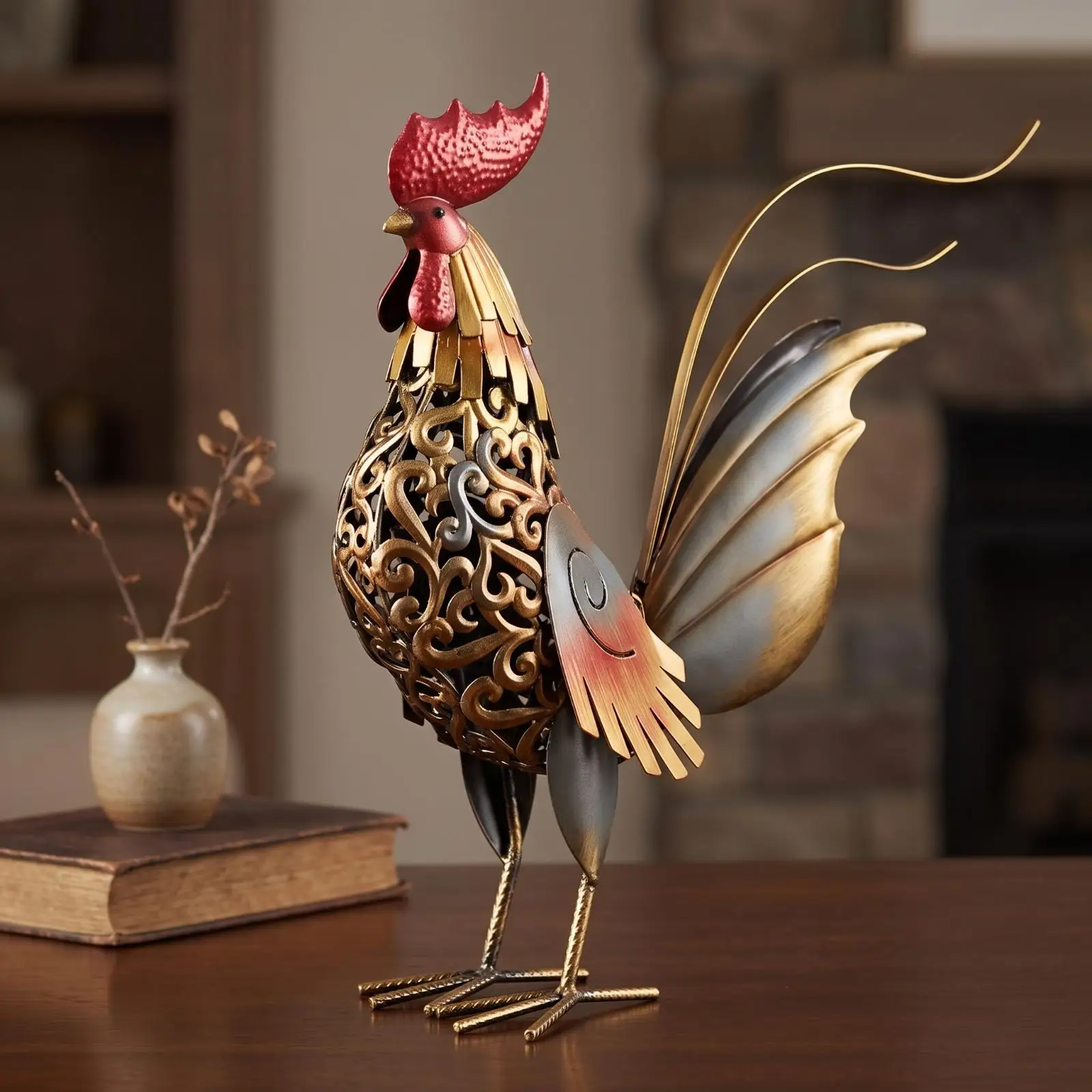 Figura gallo metal hueco Feng Shui decoración mesa repisa - imagen 5