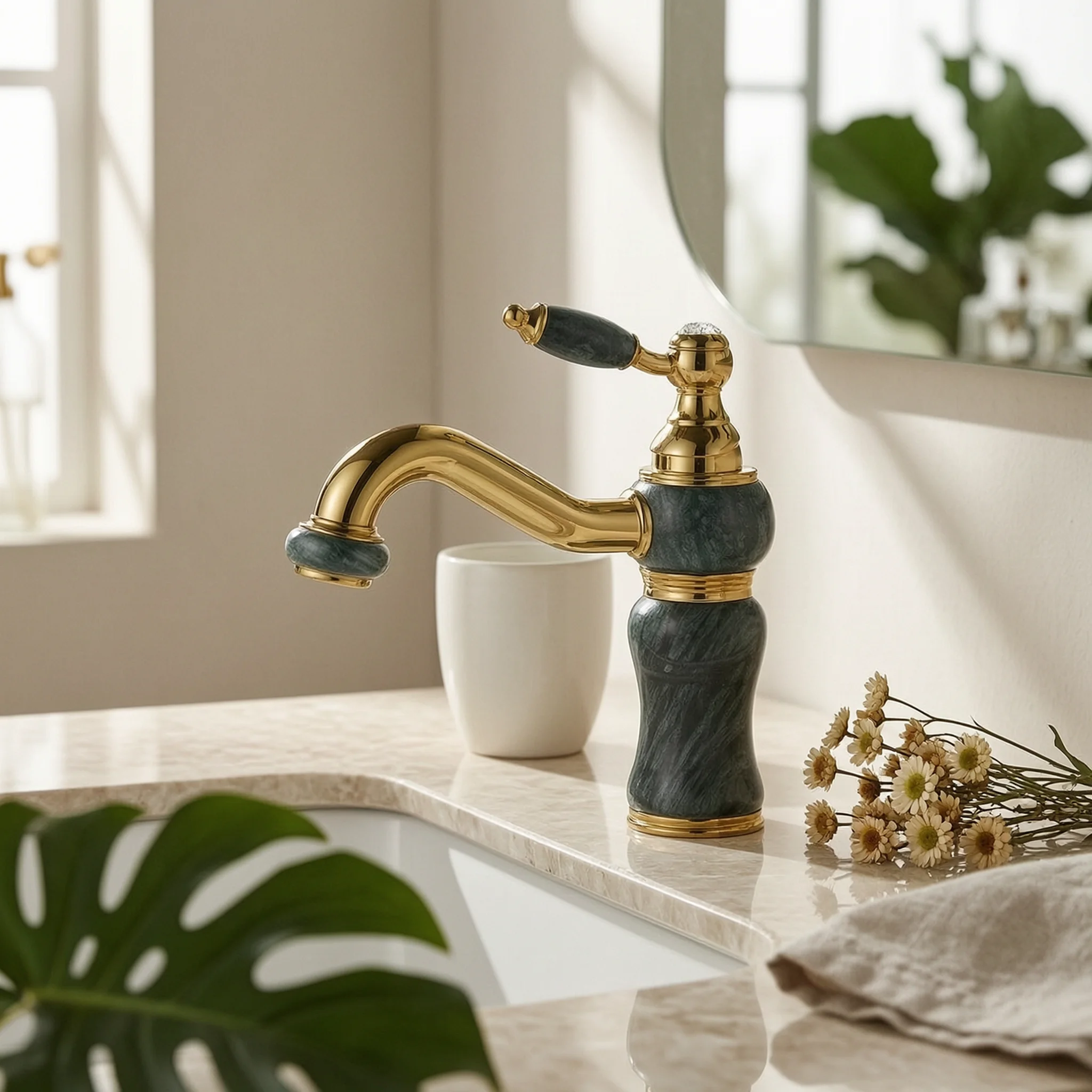 Grifo lavabo vintage cuello cisne giratorio – Oro pulido baño - imagen 5