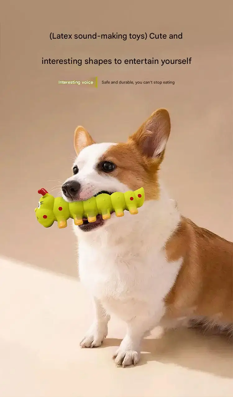 Juguete oruga de látex rebotando en el suelo