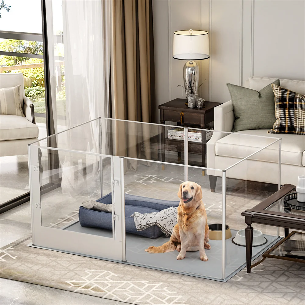 Corral acrílico transparente para perros: jaula con puerta y empapador