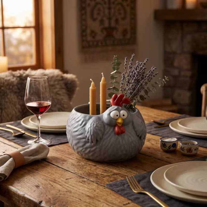 Decoración de mesa estilo granja con tazón de gallina