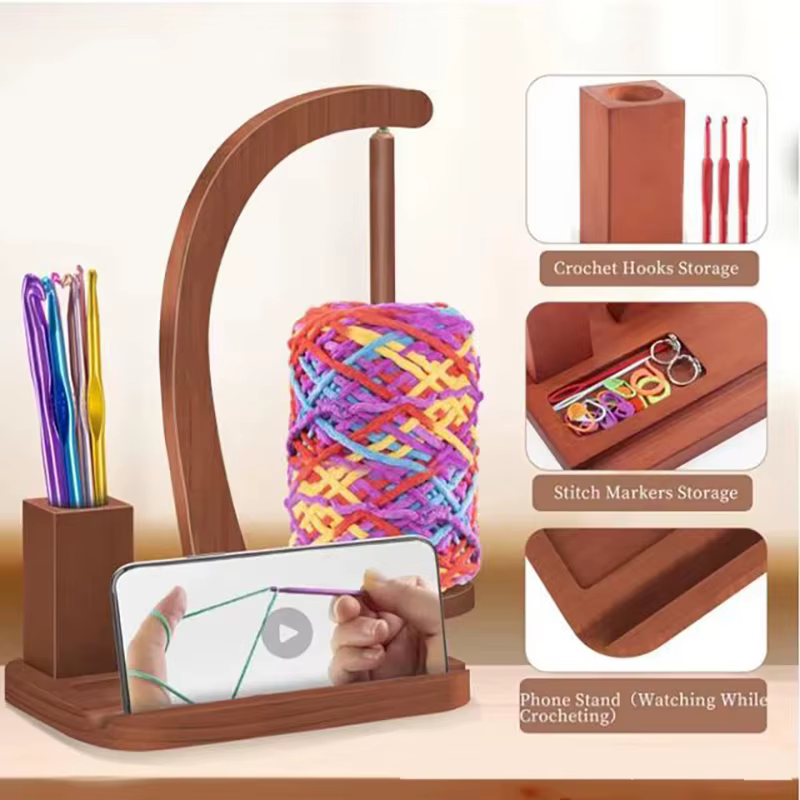 Soporte giratorio de madera para ovillos de crochet – Dispensador y estante de escritorio - imagen 3