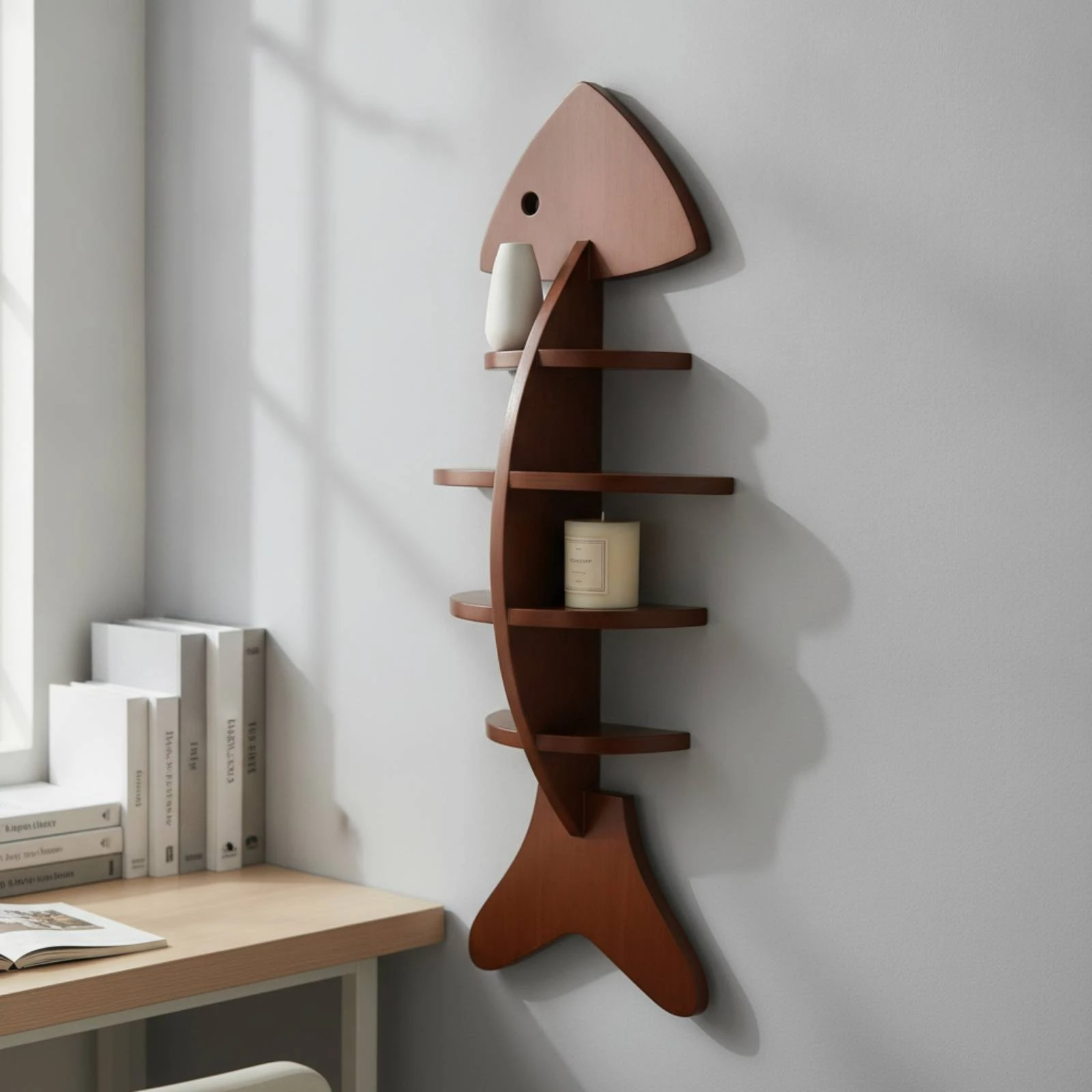 Estante pared gato forma espina pescado madera maciza - imagen 3