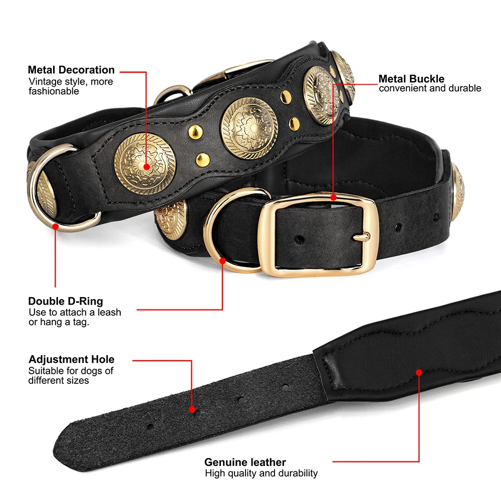 Collar de cuero genuino para perro: tachuelas, Bulldog y Rottweiler - imagen 5